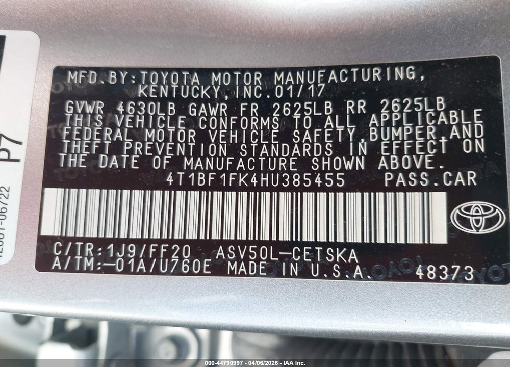 2017 TOYOTA CAMRY SE VIN: 4T1BF1FK4HU385455