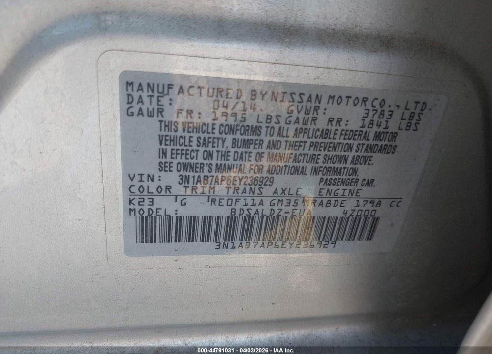 2014 NISSAN SENTRA FE+ S/FE+ SV/S/SL/SR/SV VIN: 3N1AB7AP6EY236929