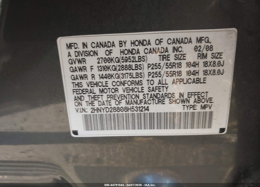 2008 ACURA MDX SPORT PACKAGE VIN: 2HNYD28808H531214