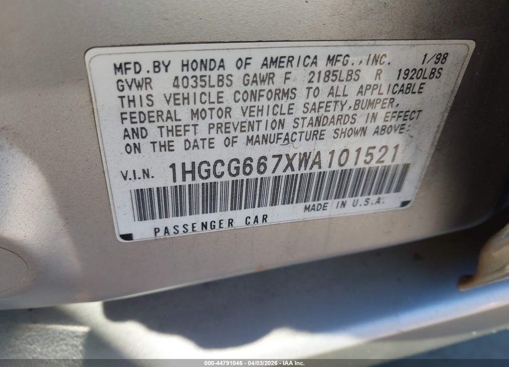1998 HONDA ACCORD EX VIN: 1HGCG667XWA101521