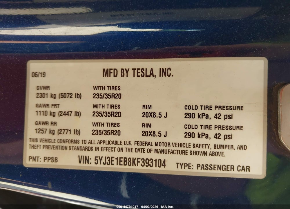 2019 TESLA MODEL 3 LONG RANGE/PERFORMANCE VIN: 5YJ3E1EB8KF393104