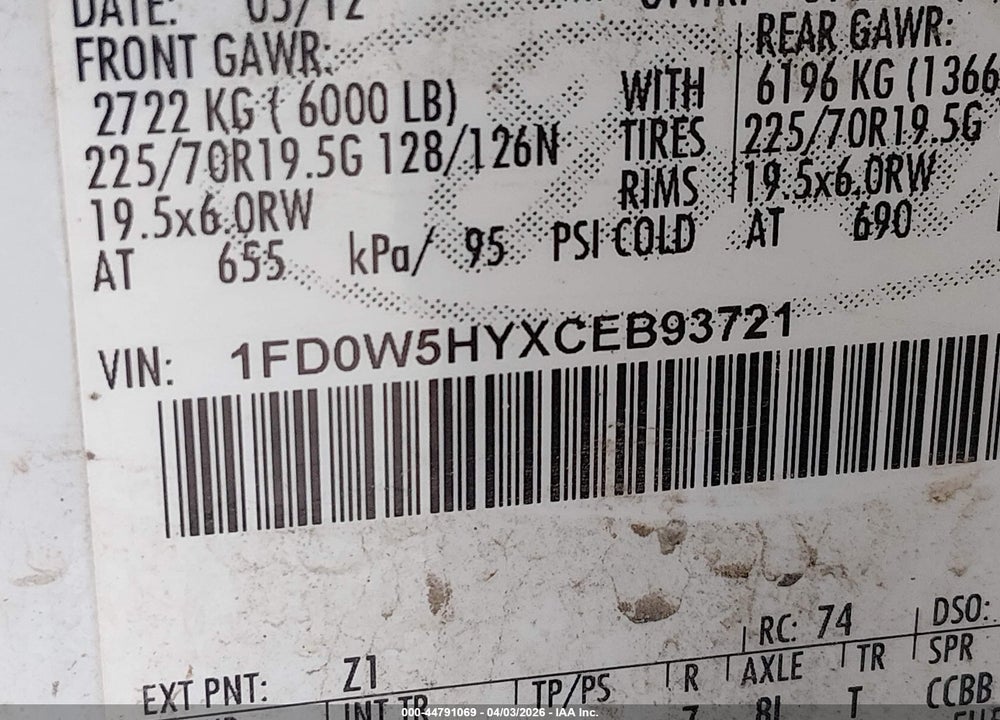 2012 FORD F-550 CHASSIS XL VIN: 1FD0W5HYXCEB93721