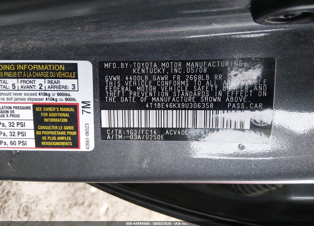 2009 TOYOTA CAMRY SE VIN: 4T1BE46KX9U306358