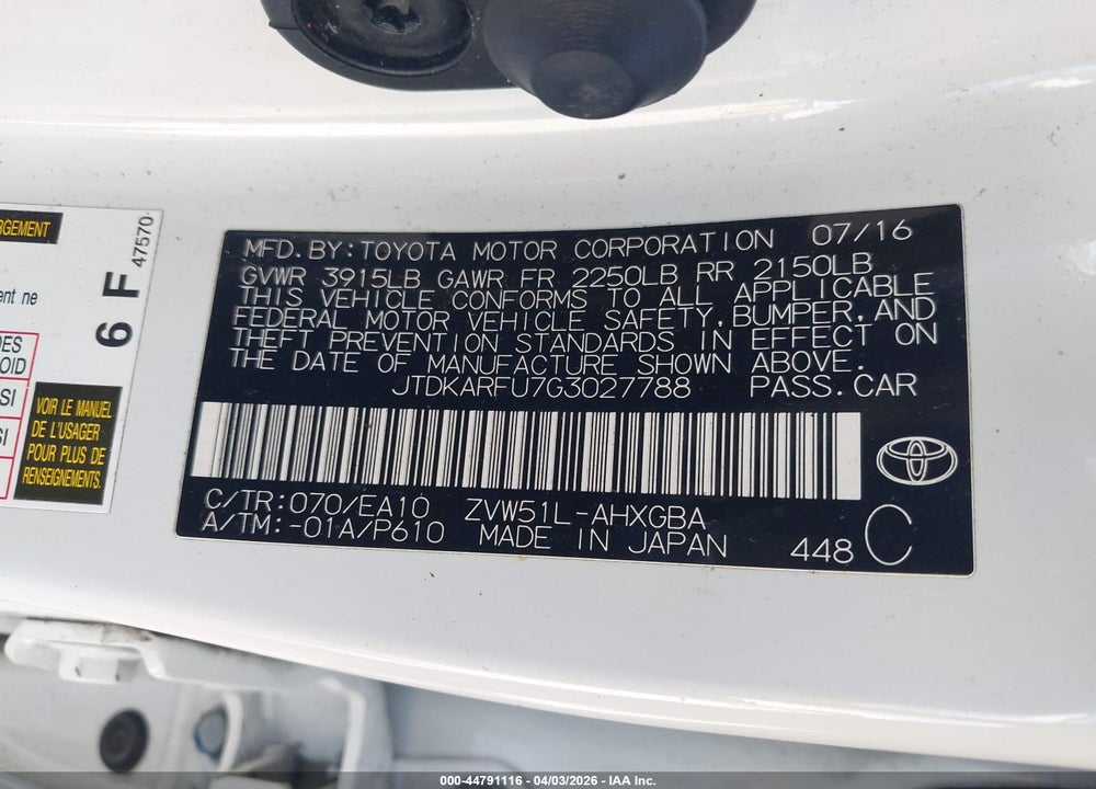 2016 TOYOTA PRIUS FOUR VIN: JTDKARFU7G3027788