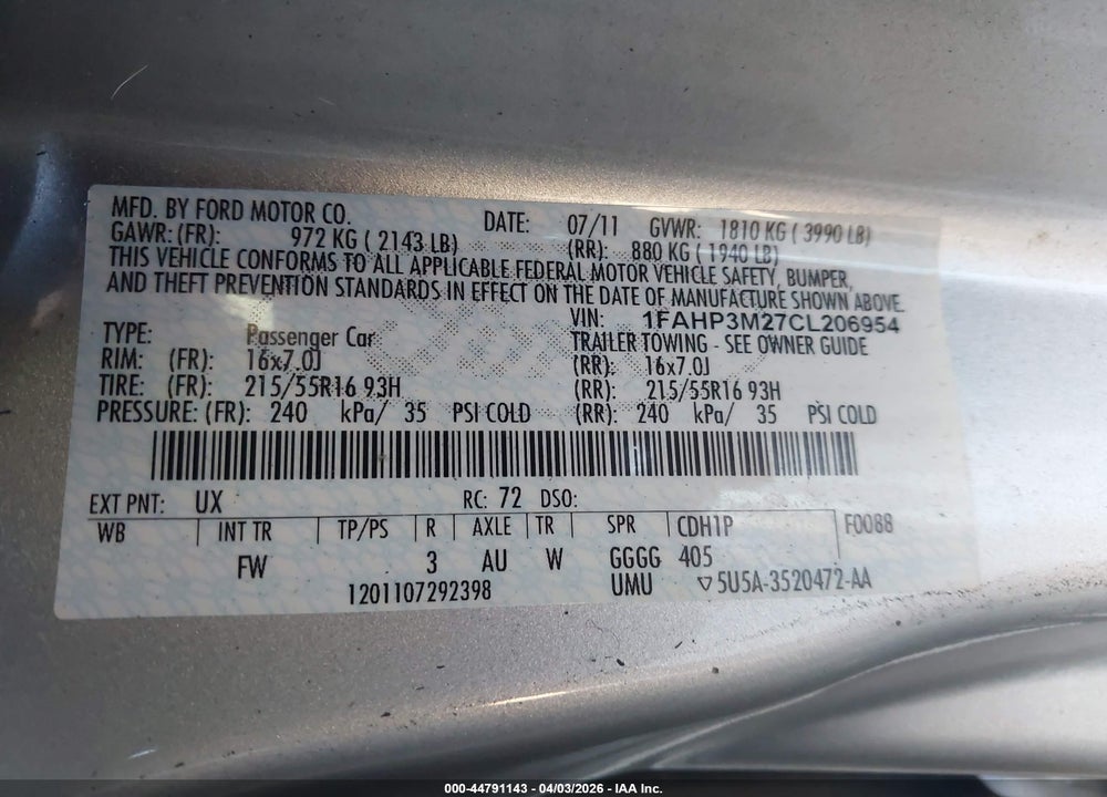 2012 FORD FOCUS SEL VIN: 1FAHP3M27CL206954