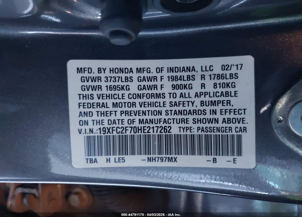 2017 HONDA CIVIC EX VIN: 19XFC2F70HE217262