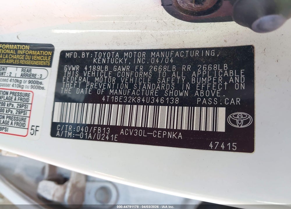 2004 TOYOTA CAMRY LE VIN: 4T1BE32K84U346138