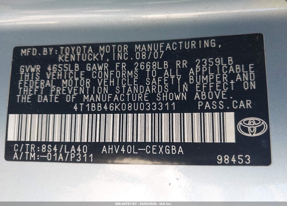 2008 TOYOTA CAMRY HYBRID VIN: 4T1BB46K08U033311