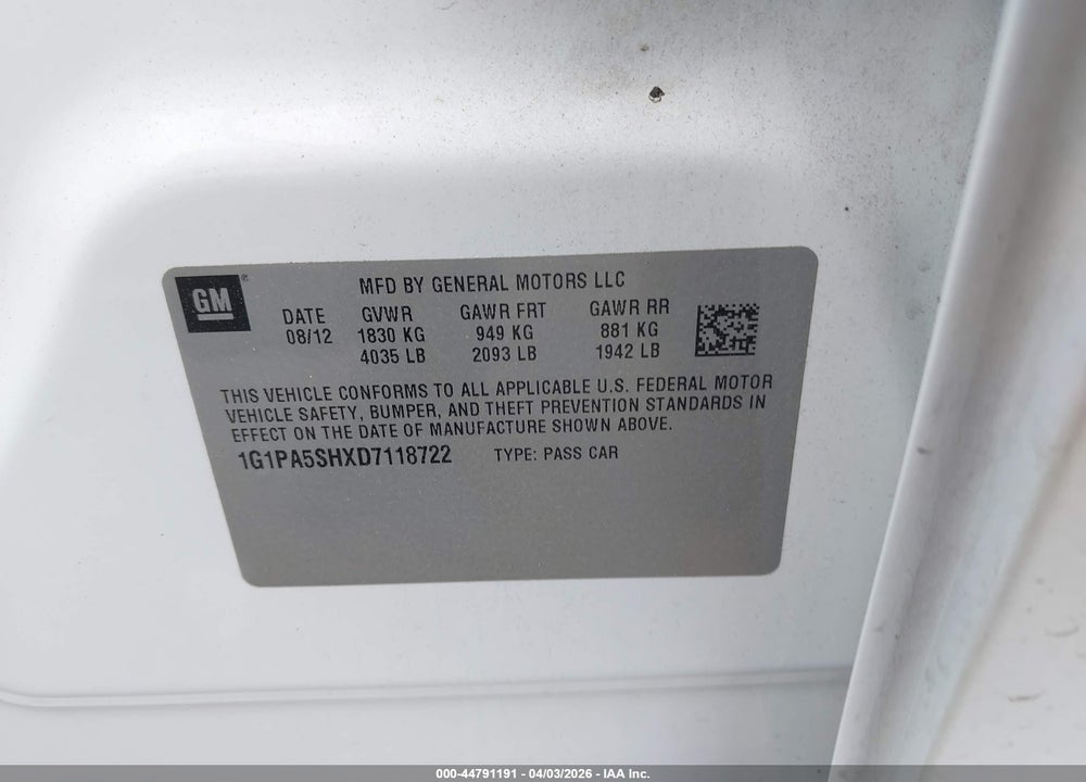 2013 CHEVROLET CRUZE LS AUTO VIN: 1G1PA5SHXD7118722