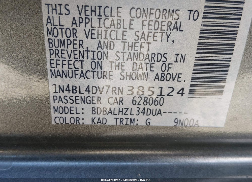 2024 NISSAN ALTIMA SV FWD VIN: 1N4BL4DV7RN385124