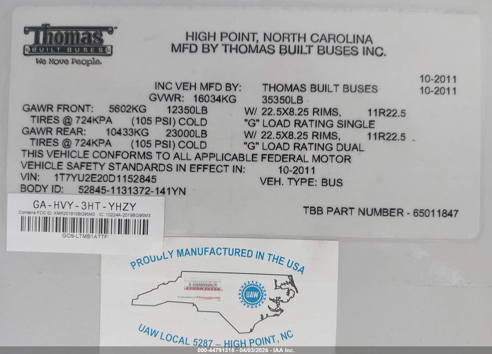 2013 THOMAS TRANSIT BUS VIN: 1T7YU2E20D1152845