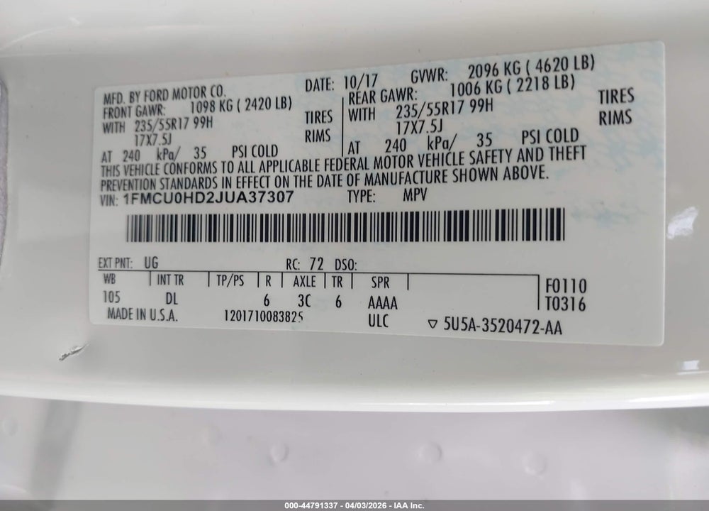 2018 FORD ESCAPE SEL VIN: 1FMCU0HD2JUA37307
