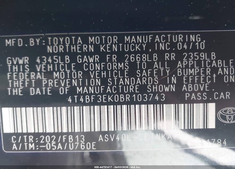 2011 TOYOTA CAMRY LE VIN: 4T4BF3EK0BR103743