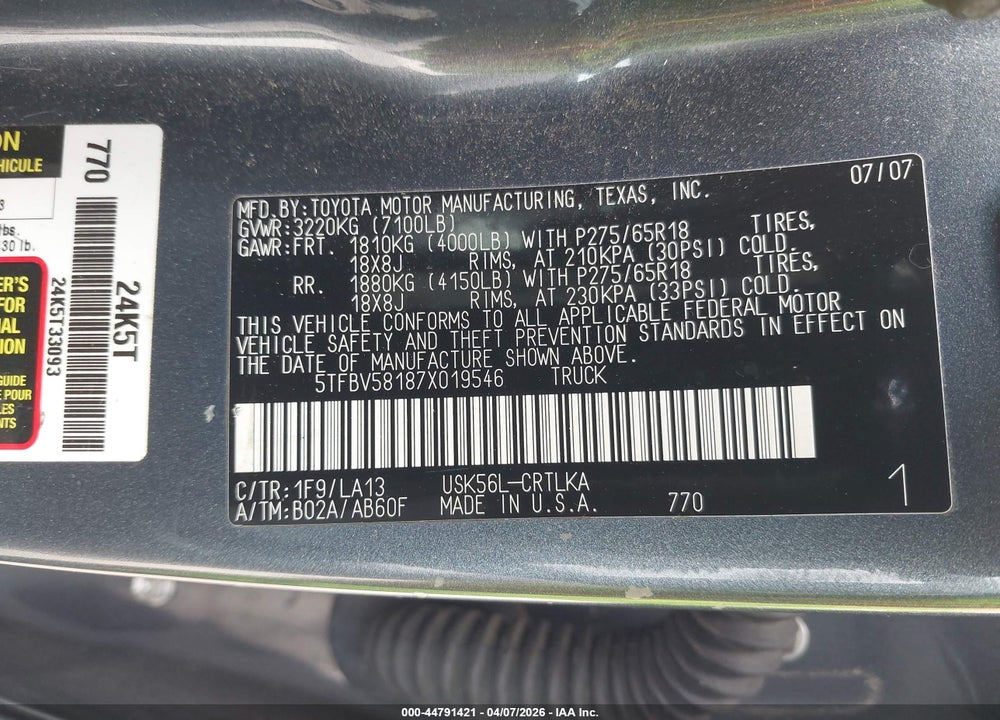 2007 TOYOTA TUNDRA LIMITED 5.7L V8 VIN: 5TFBV58187X019546