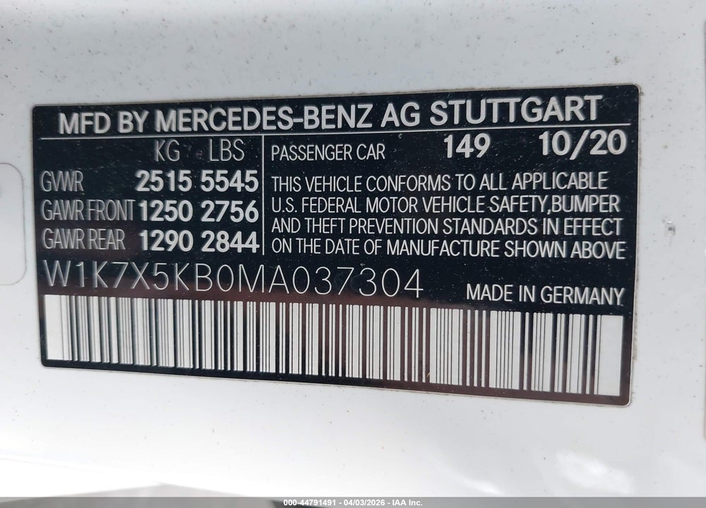 2021 MERCEDES-BENZ AMG GT 43 4-DOOR COUPE VIN: W1K7X5KB0MA037304