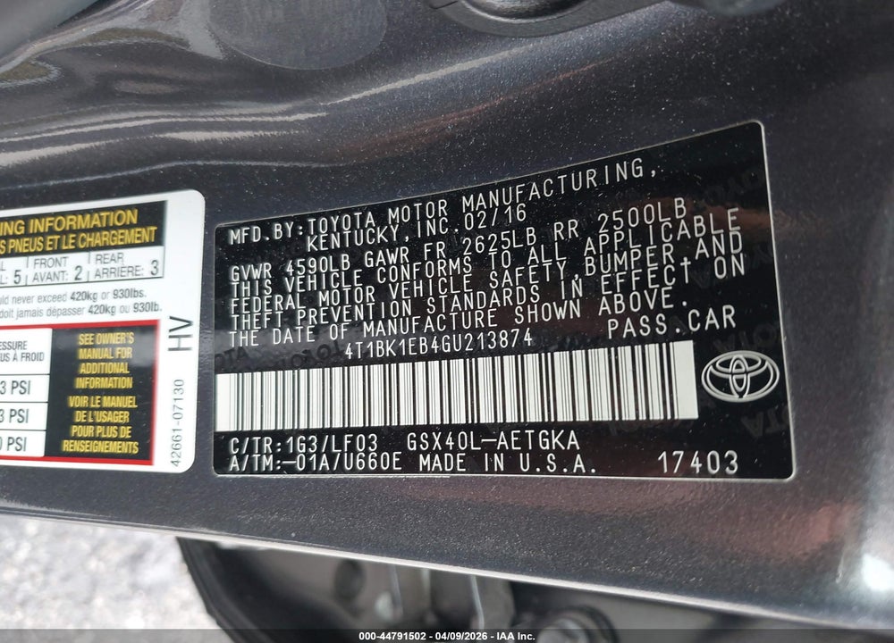2016 TOYOTA AVALON XLE PLUS VIN: 4T1BK1EB4GU213874