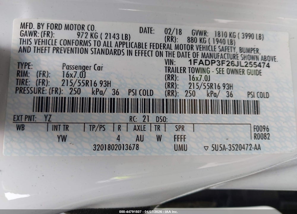 2018 FORD FOCUS SE VIN: 1FADP3F26JL255474