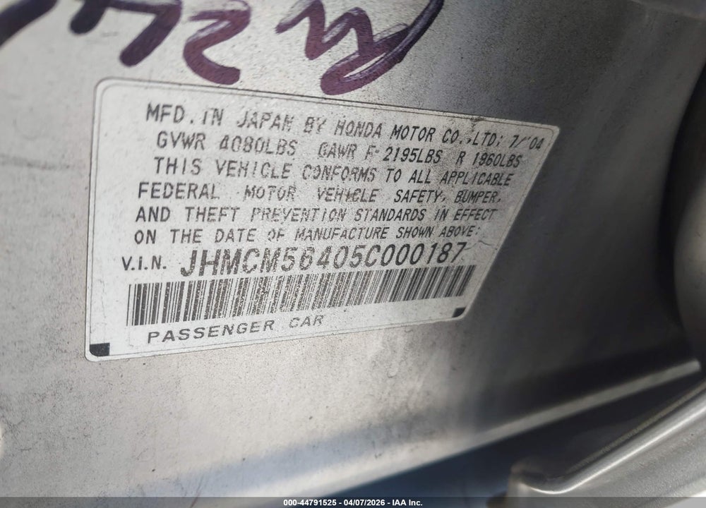 2005 HONDA ACCORD 2.4 LX VIN: JHMCM56405C000187