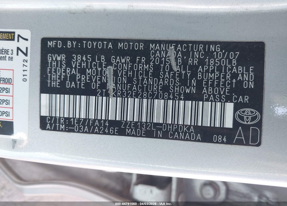 2008 TOYOTA MATRIX VIN: 2T1KR32E28C708454