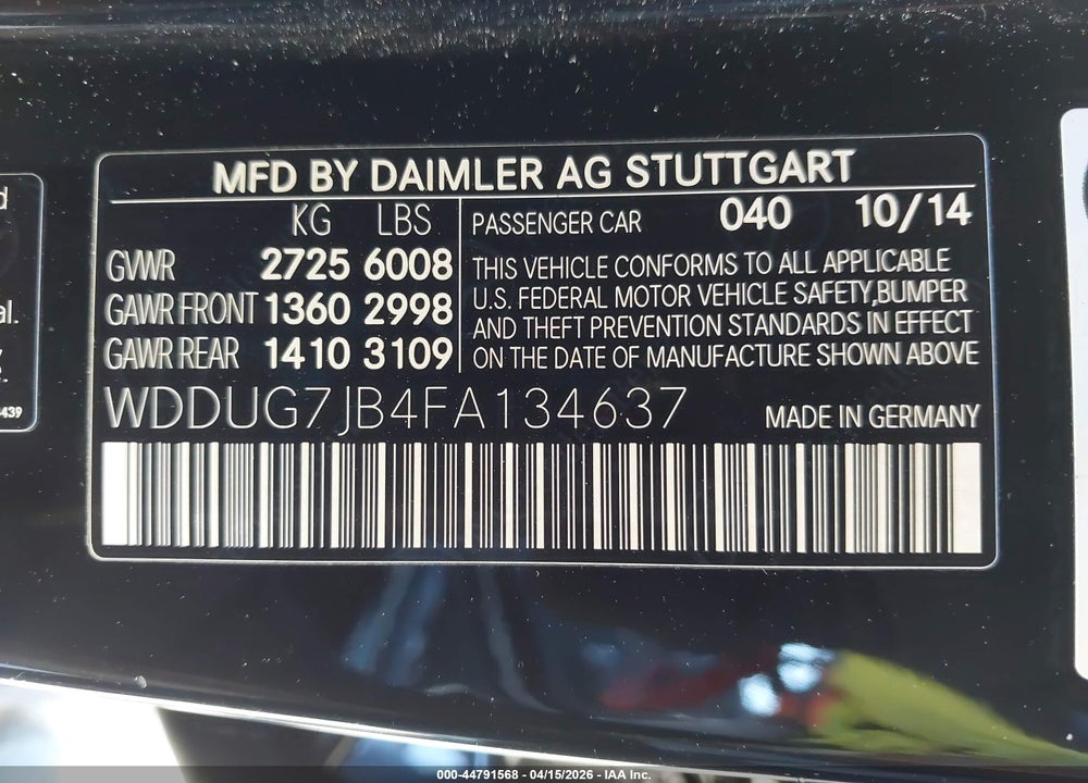 2015 MERCEDES-BENZ S 63 AMG 4MATIC VIN: WDDUG7JB4FA134637