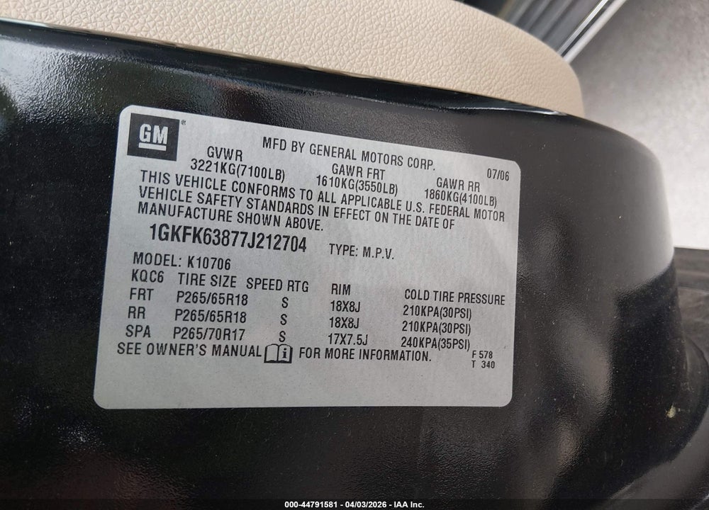2007 GMC YUKON DENALI VIN: 1GKFK63877J212704