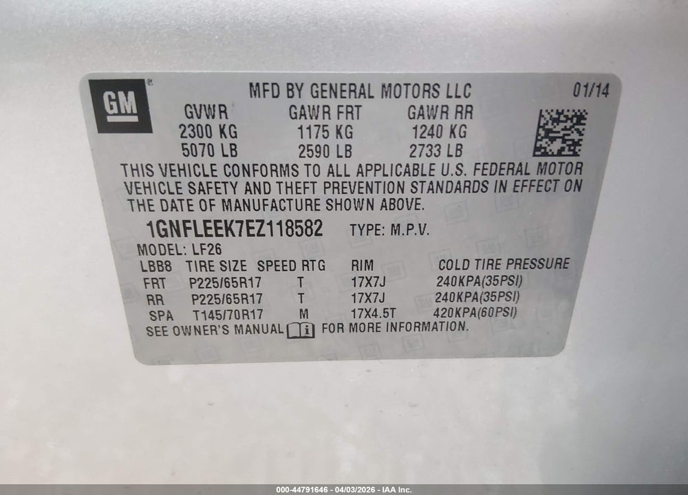 2014 CHEVROLET EQUINOX LS VIN: 1GNFLEEK7EZ118582