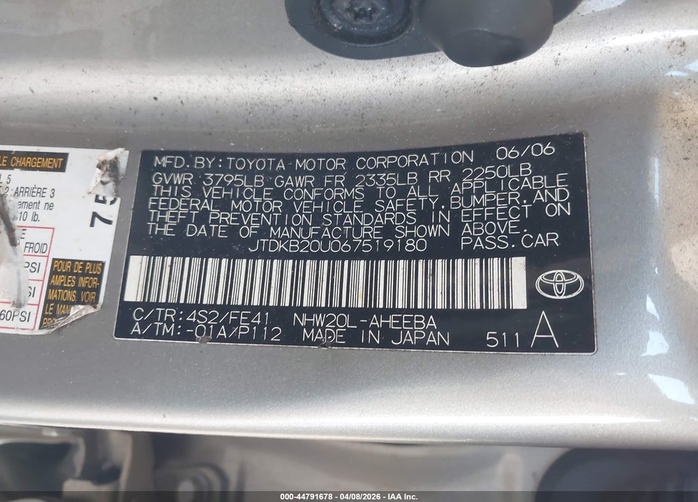 2006 TOYOTA PRIUS VIN: JTDKB20U067519180