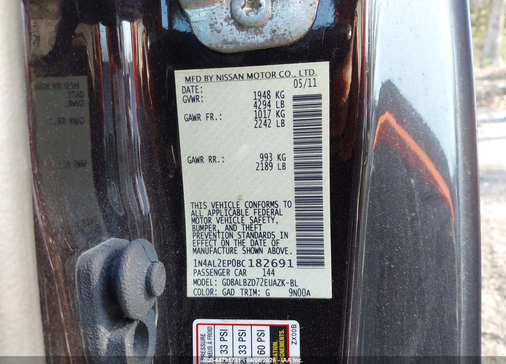 2011 NISSAN ALTIMA 2.5 S VIN: 1N4AL2EP0BC182691