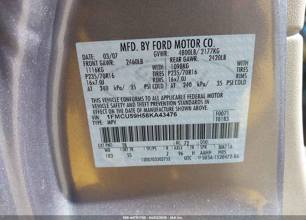 2008 FORD ESCAPE HYBRID VIN: 1FMCU59H58KA43476