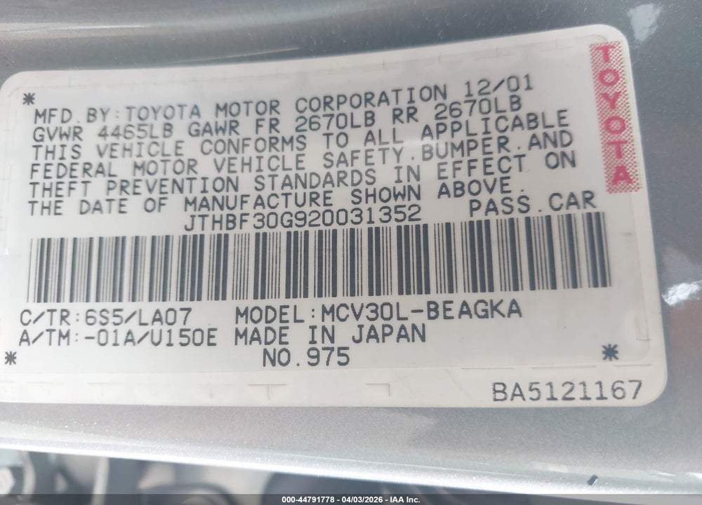2002 LEXUS ES 300 VIN: JTHBF30G920031352