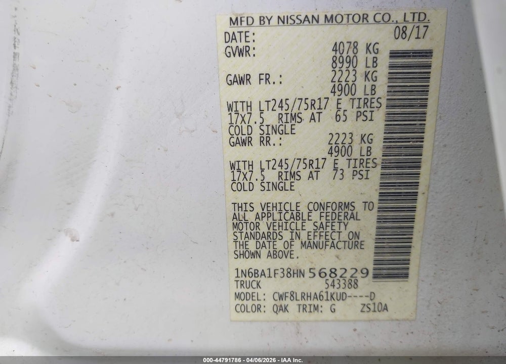 2017 NISSAN TITAN XD S VIN: 1N6BA1F38HN568229