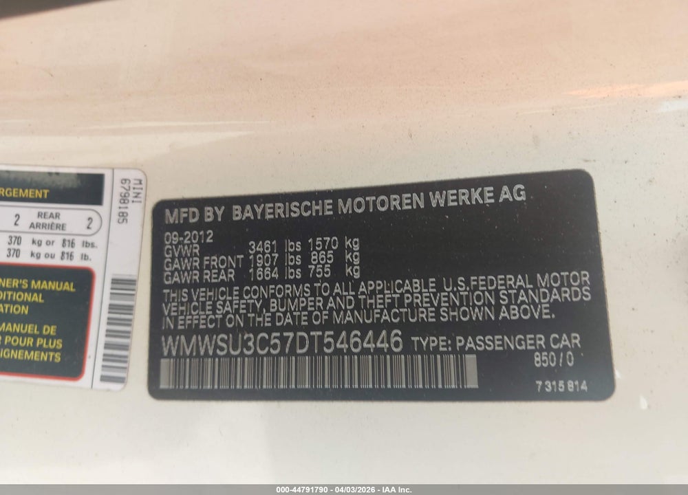 2013 MINI HARDTOP COOPER VIN: WMWSU3C57DT546446