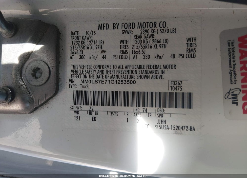 2016 FORD TRANSIT CONNECT XL VIN: NM0LS7E71G1253500