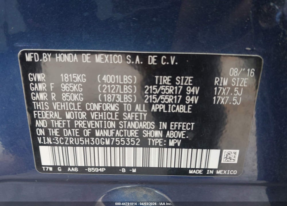 2016 HONDA HR-V LX VIN: 3CZRU5H30GM755352
