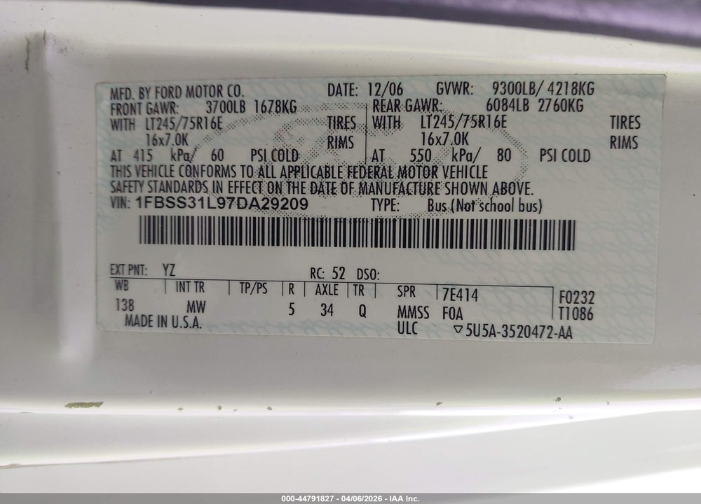 2007 FORD E-350 SUPER DUTY XL/XLT VIN: 1FBSS31L97DA29209