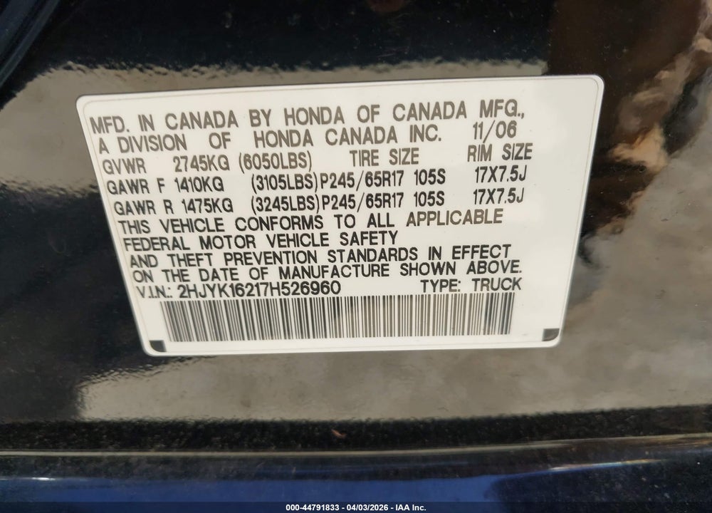 2007 HONDA RIDGELINE RT VIN: 2HJYK16217H526960