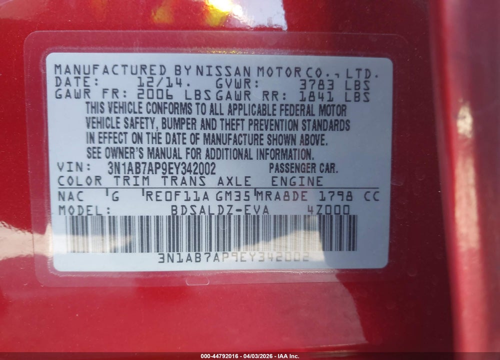 2014 NISSAN SENTRA SV VIN: 3N1AB7AP9EY342002