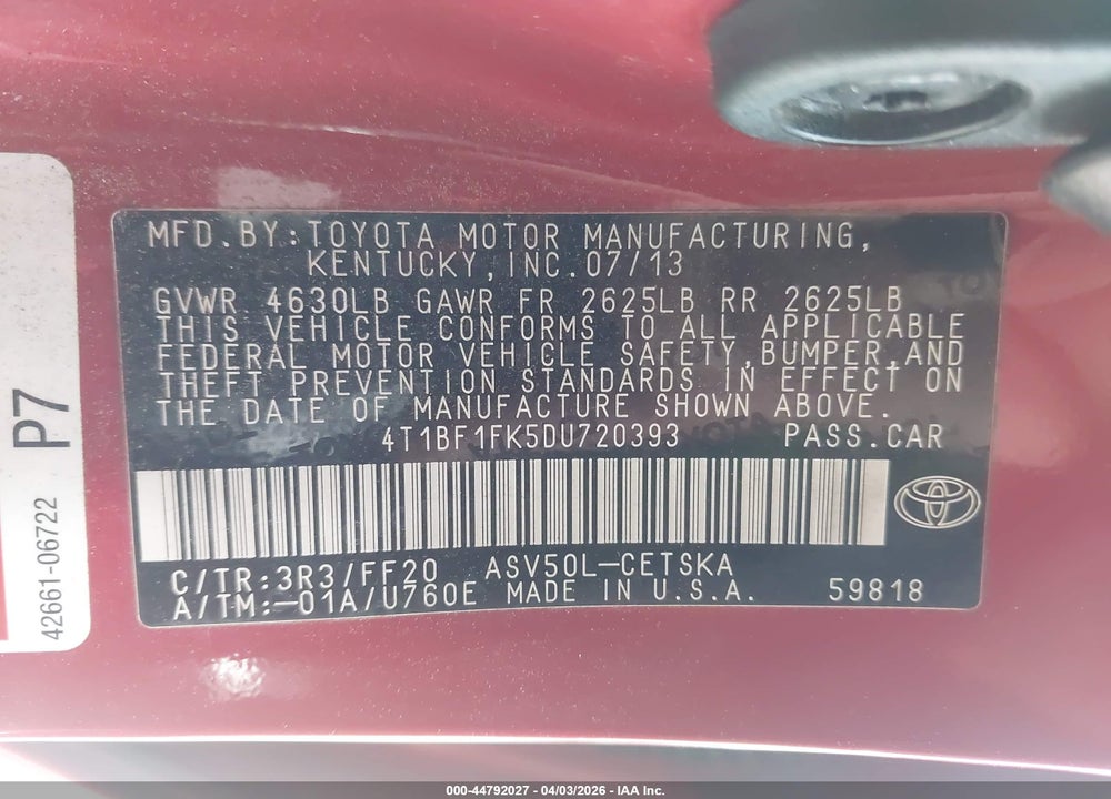 2013 TOYOTA CAMRY SE VIN: 4T1BF1FK5DU720393