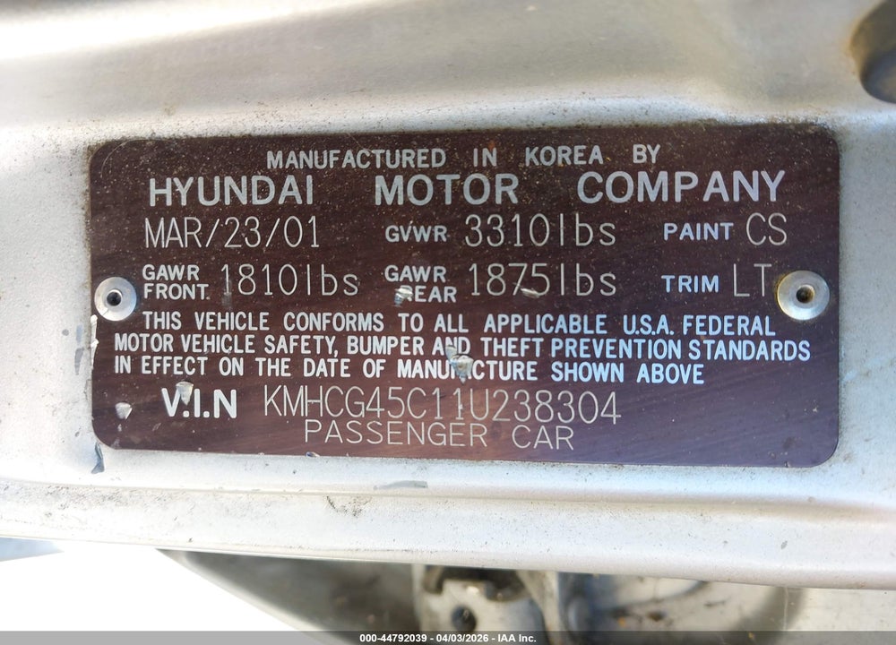 2001 HYUNDAI ACCENT GL VIN: KMHCG45C11U238304