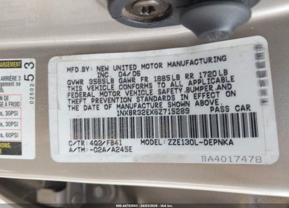 2006 TOYOTA COROLLA LE VIN: 1NXBR32EX6Z715289