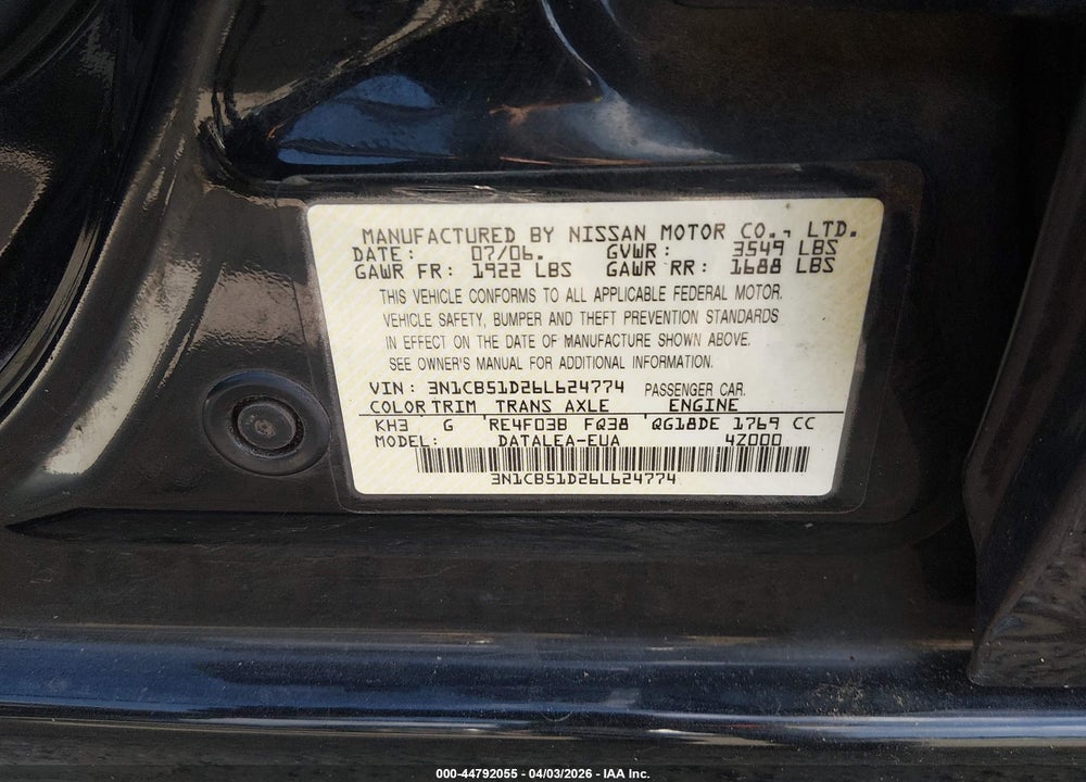 2006 NISSAN SENTRA 1.8S VIN: 3N1CB51D26L624774