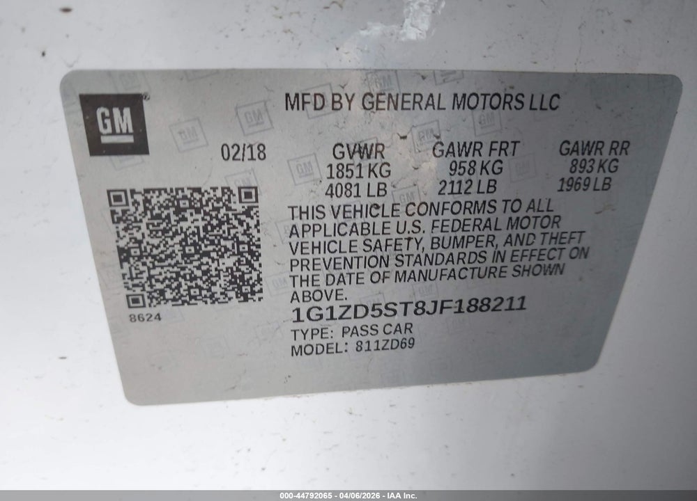 2018 CHEVROLET MALIBU LT VIN: 1G1ZD5ST8JF188211