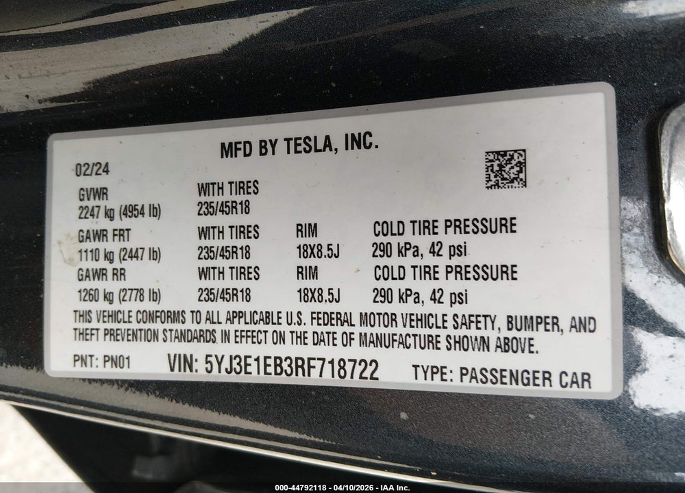 2024 TESLA MODEL 3 LONG RANGE DUAL MOTOR ALL-WHEEL DRIVE VIN: 5YJ3E1EB3RF718722