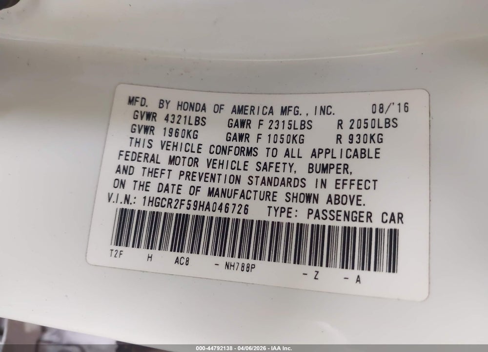 2017 HONDA ACCORD SPORT VIN: 1HGCR2F59HA046726