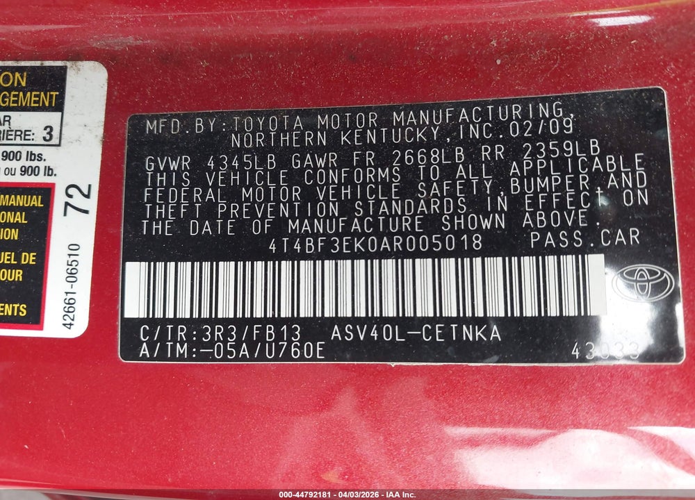2010 TOYOTA CAMRY LE VIN: 4T4BF3EK0AR005018