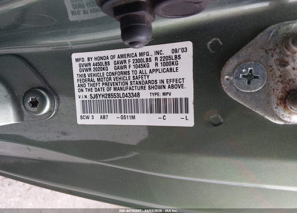 2003 HONDA ELEMENT EX VIN: 5J6YH28553L043348