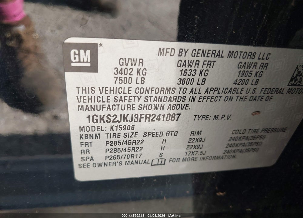 2015 GMC YUKON XL 1500 DENALI VIN: 1GKS2JKJ3FR241087