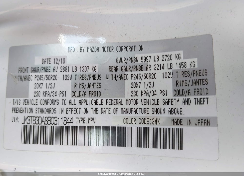 2011 MAZDA CX-9 GRAND TOURING VIN: JM3TB3DA8B0311844