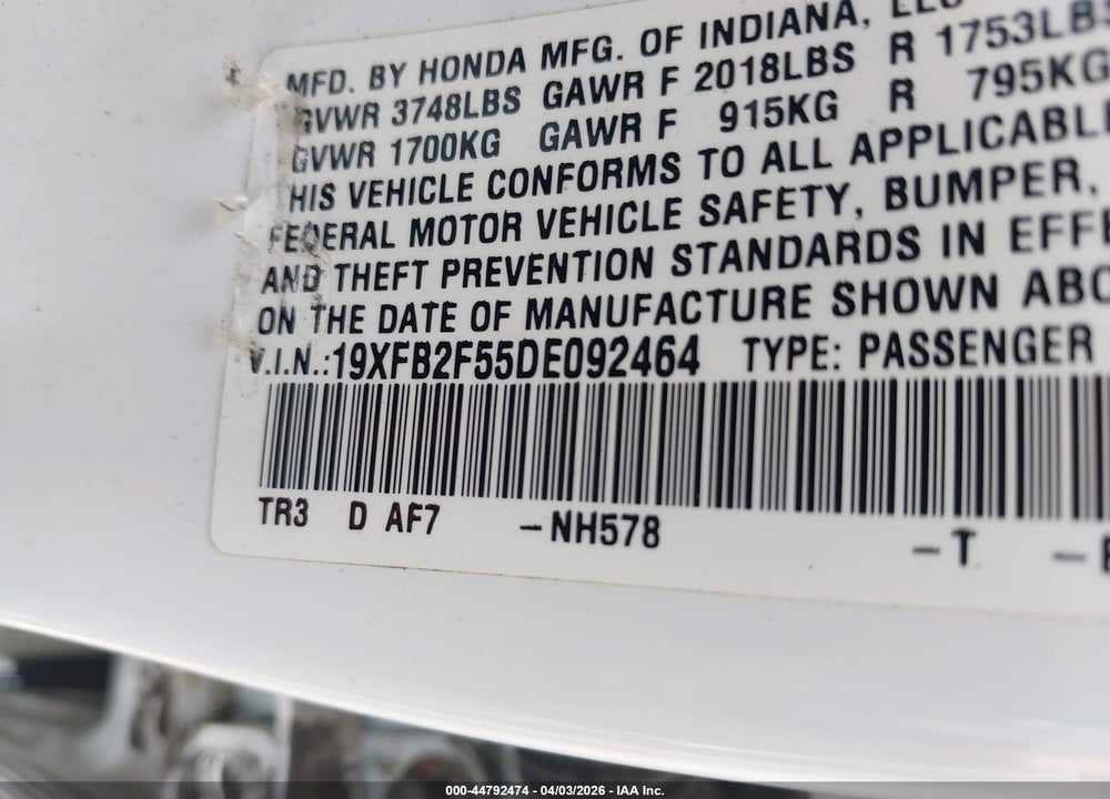 2013 HONDA CIVIC LX VIN: 19XFB2F55DE092464