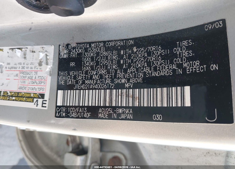2004 TOYOTA HIGHLANDER VIN: JTEHD21A940026172